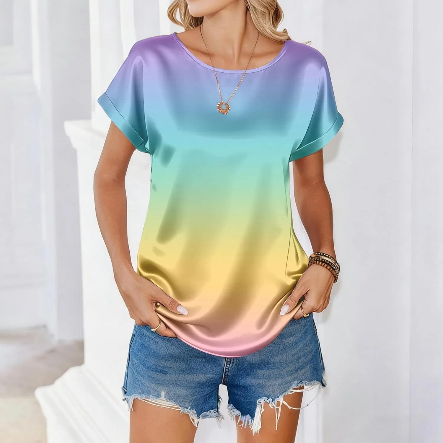 Блуза женская из атласа, короткий рукав, круглый вырез, желтая — фото 2