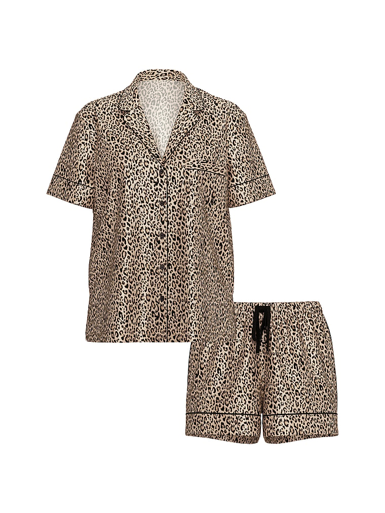 Короткий пижамный комплект из глянцевого атласа Victoria'S Secret, signature satin marzipan leopard — фото 4
