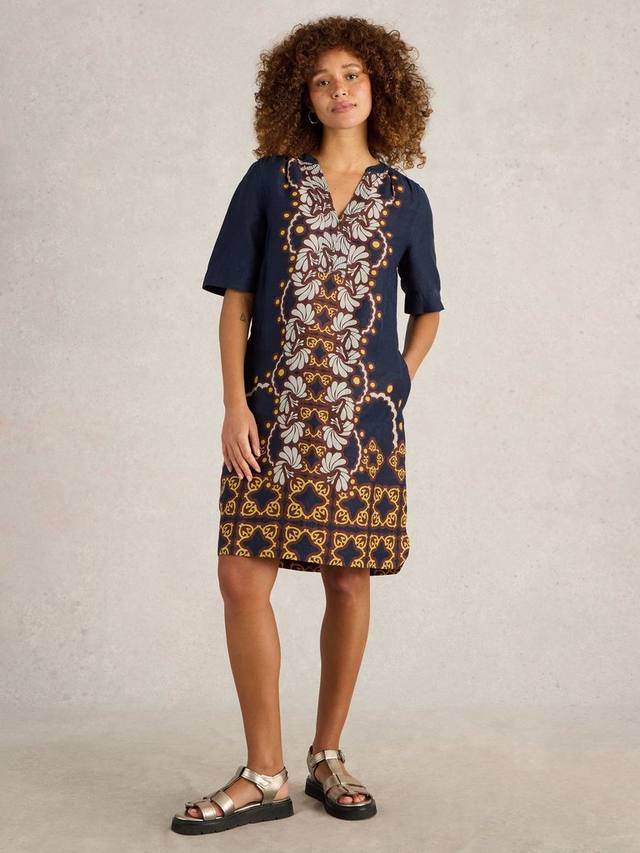 

Летнее льняное платье-туника с цветочным принтом мини White Stuff, Navy/Multi
