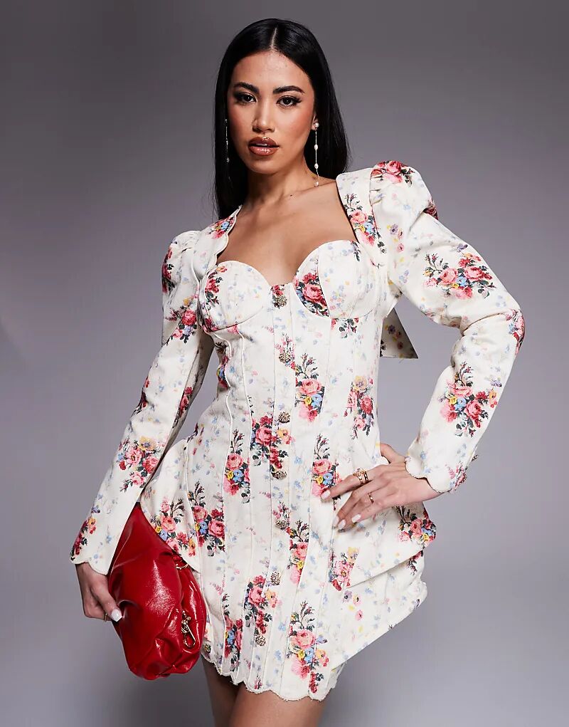 

Джинсовое мини-платье ASOS LUXE с фестончатым узором и бантом сзади, с нежным цветочным принтом
