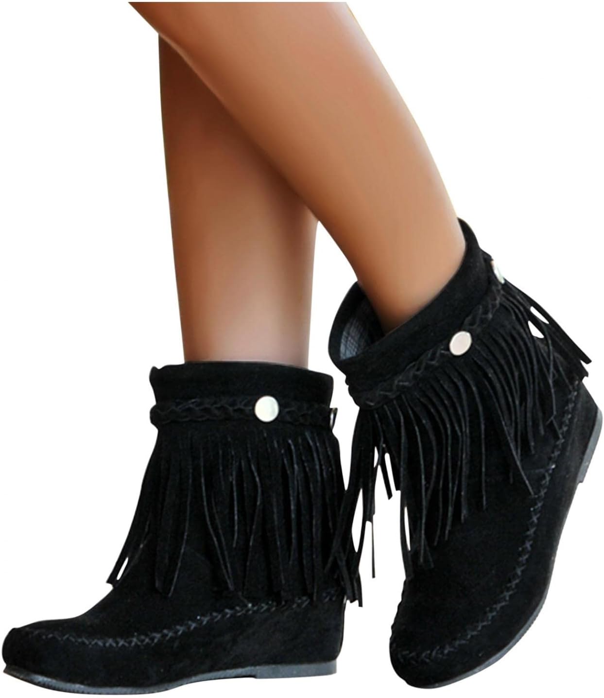 

Женские ботинки Hbeylia с бахромой, бохо стиль, повседневные, из замши, с круглым носком, без шнуровки, черный