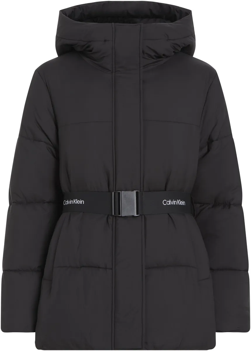 

Стеганая куртка Calvin Klein Jeans "LOGO BELT SHORT PUFFER", с капюшоном, с поясом, черный