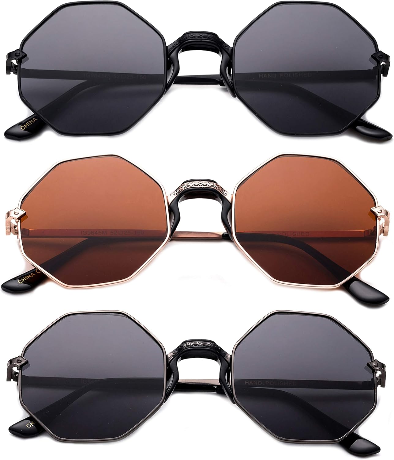 

Комплект из 3 восьмиугольных солнцезащитных очков с металлической оправой, удобной пластиковой переносицей, модные солнцезащитные очки для женщин и мужчин Newbee Fashion, 3 Pack Black, Gunmetal & Gold