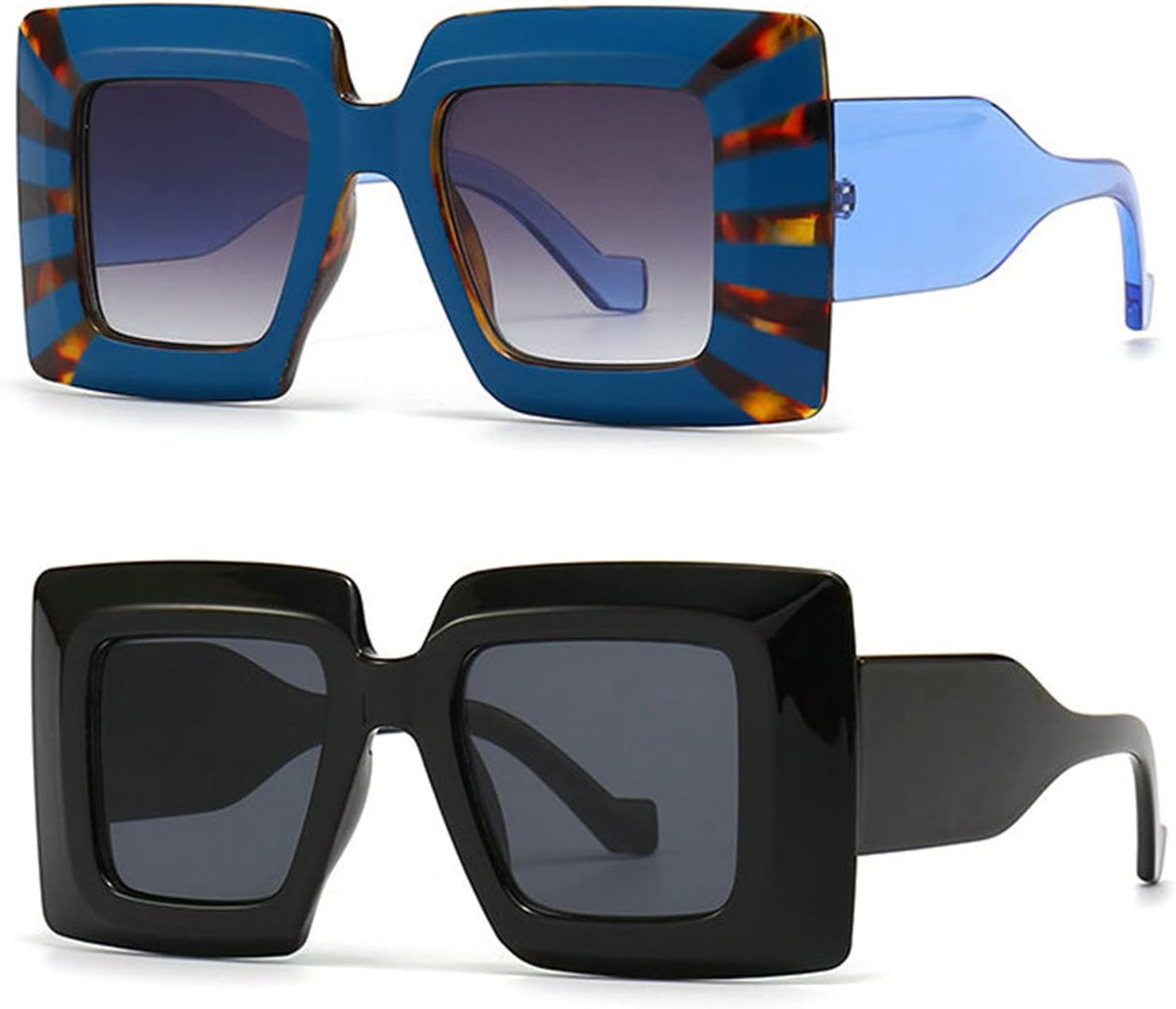 

Willochra Винтажные солнцезащитные очки большого размера в квадратной оправе для женщин, роскошные солнцезащитные очки большого размера с принтом «зебра» для мужчин, с широкими дужками, 2pcs-black&blue