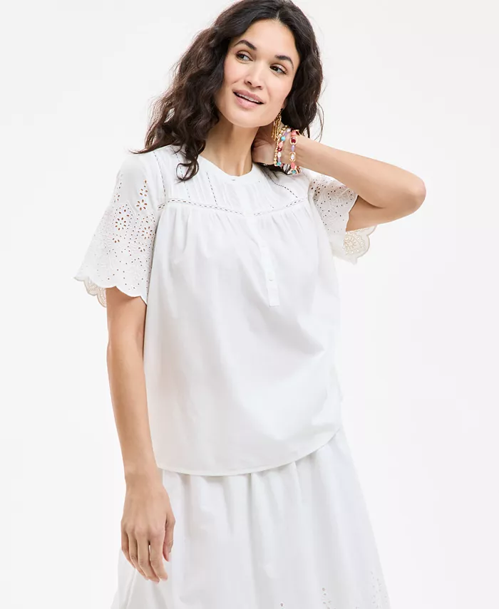 

Женская хлопковая блузка с вышивкой ришелье и плиссировкой Style & Co, белый