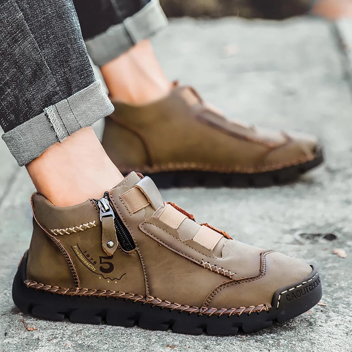 Туфли Shoes Barefoot Shoes Women Men British Large Casual Leather Handmade Foreign Trade Zip Sports Shoes Men Hiking Shoes Size 9 Generic, Khaki — фото 3
