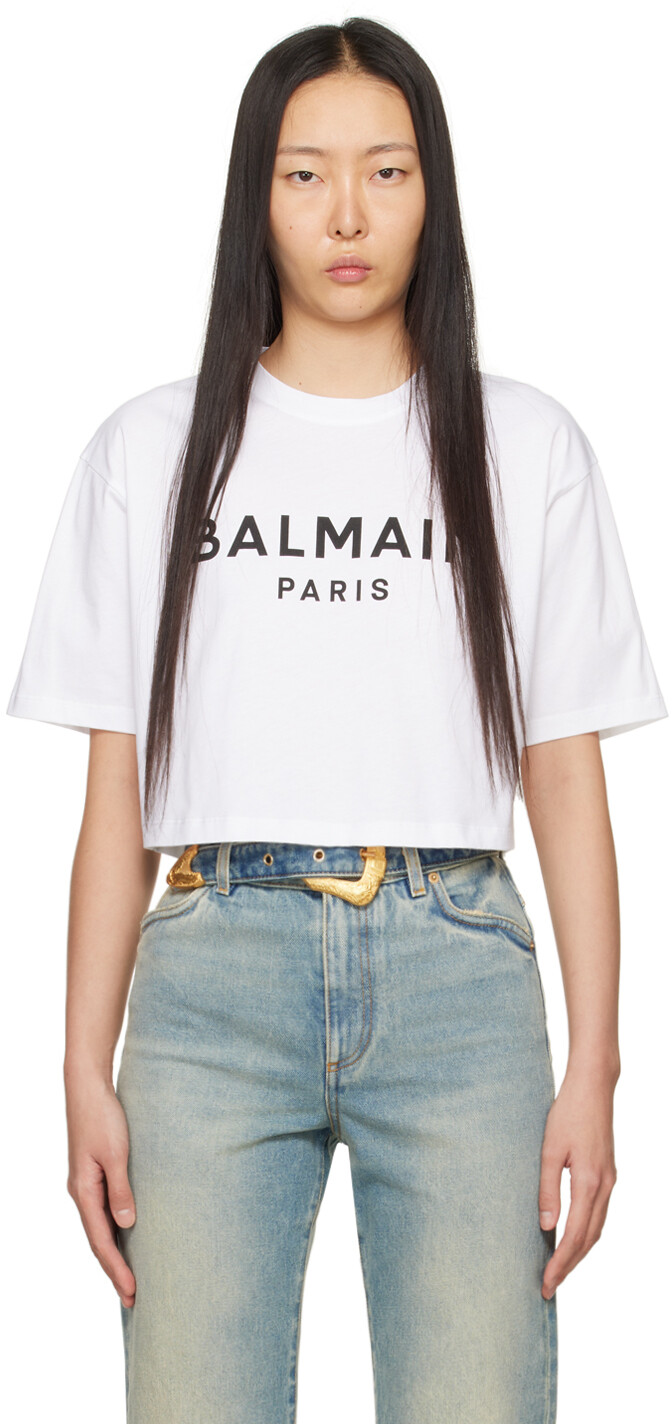 

Белая укороченная футболка Balmain