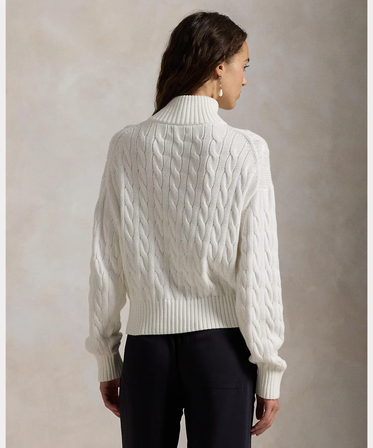 Свитер с четвертной молнией, кейбл-нить, хлопок, Ralph Lauren, белый — фото 4