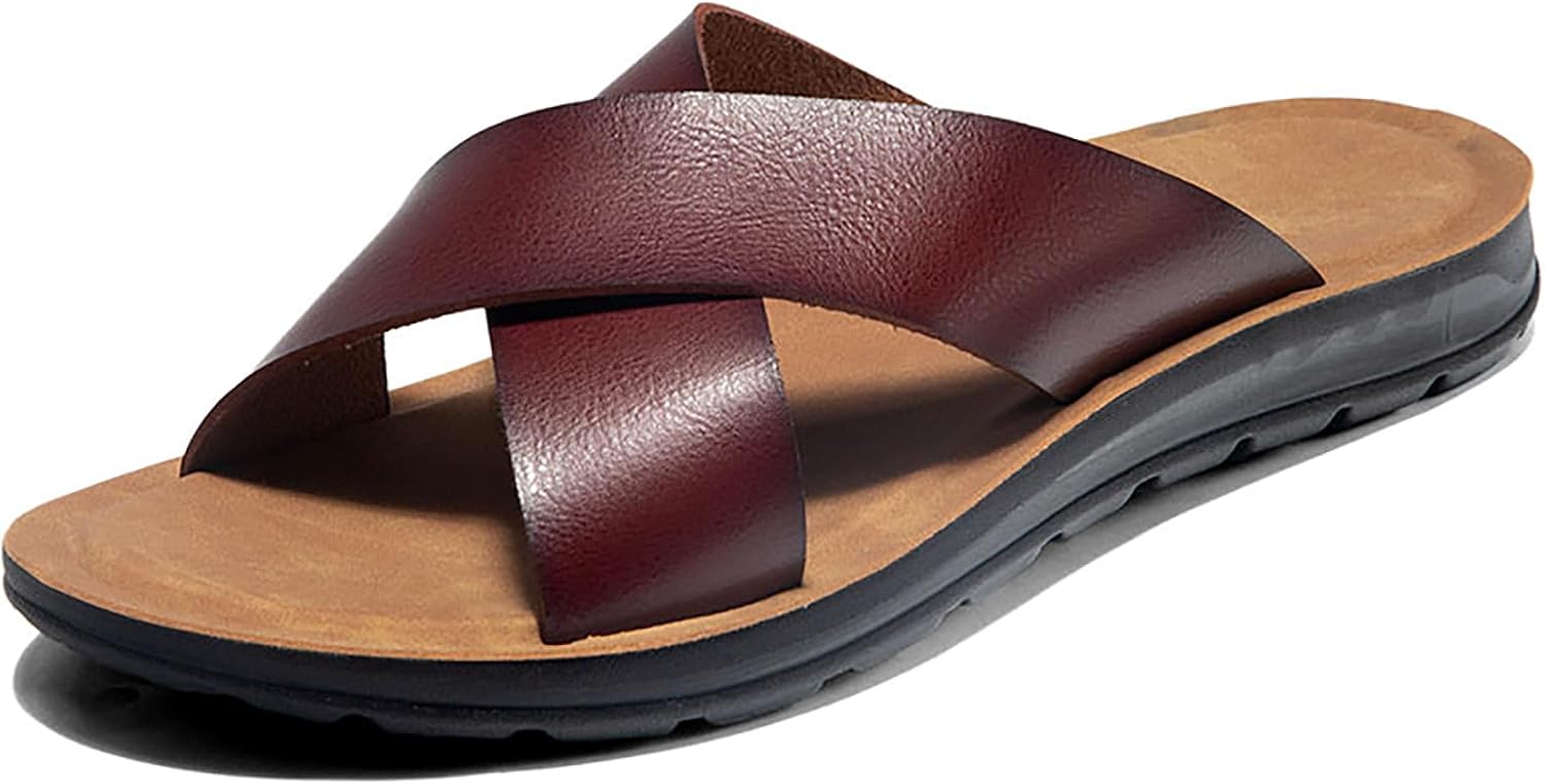 

Мужские кожаные сандалии с ортопедической платформой, открытый носок, поддержка свода стопы, сандалии-тапки на лето, легкие, с антискользящей мягкой подошвой, для повседневной ходьбы и пляжа Egebs, коричневый