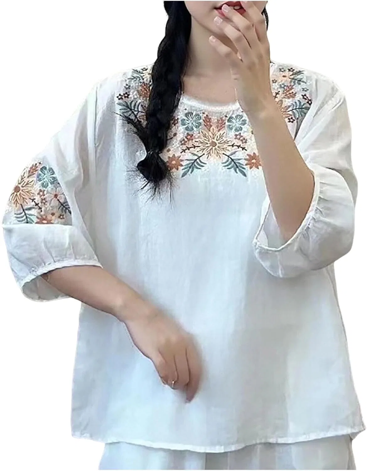 Футболка из хлопка и льна, женская, T-Shirt, белый