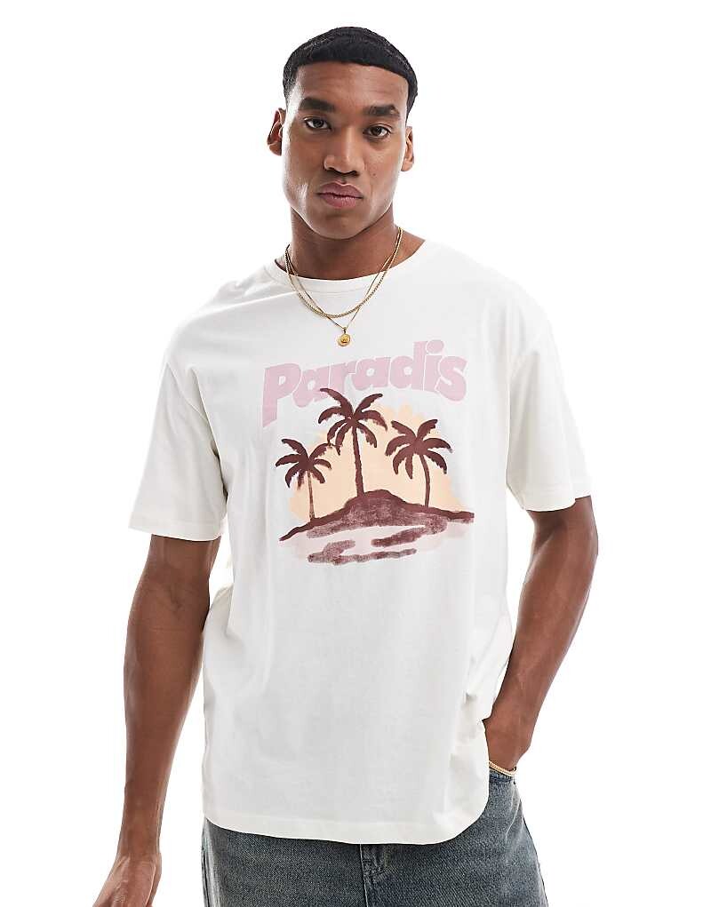 

Jack & Jones – футболка оверсайз бежевого цвета с принтом «Paradis»
