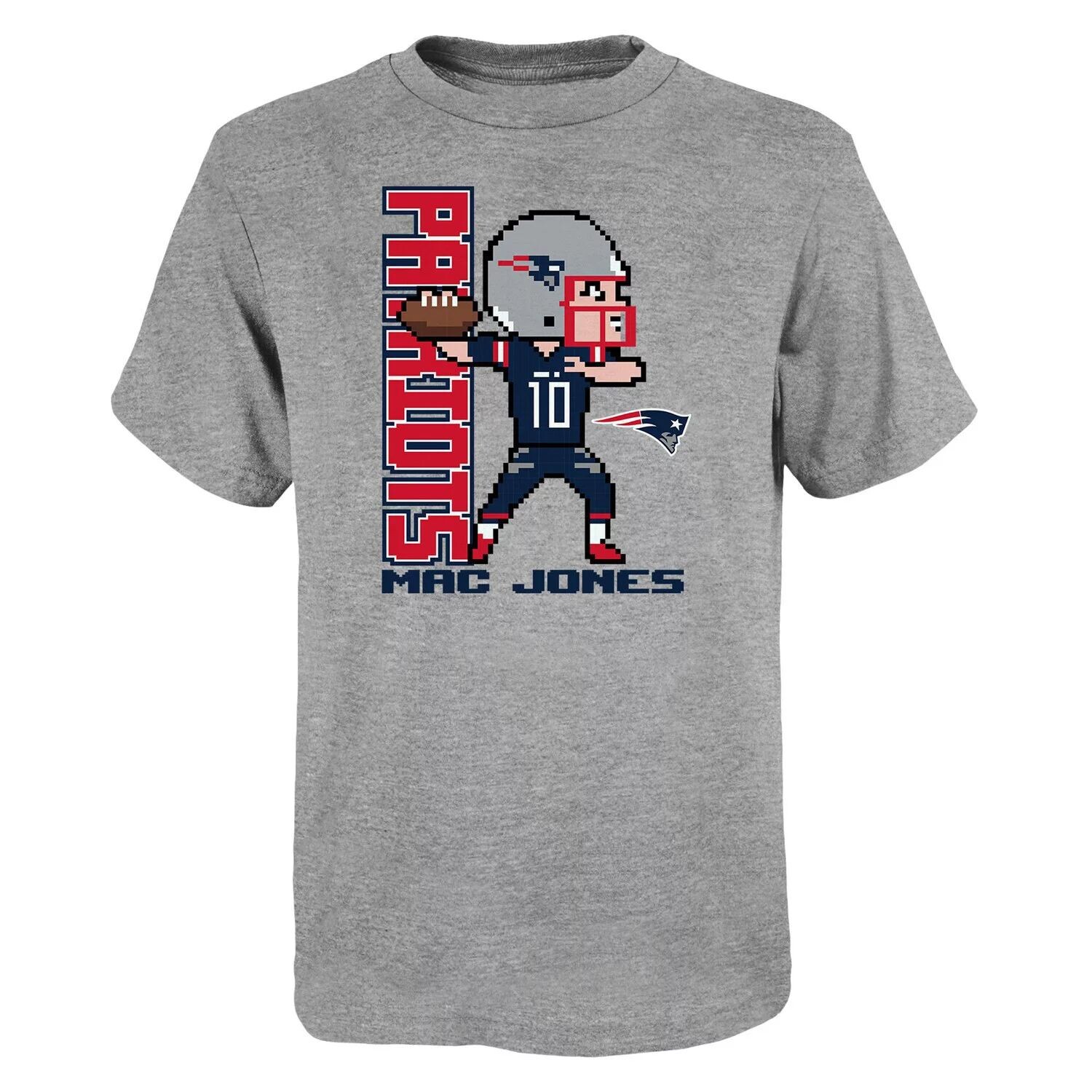 

Молодежная футболка Mac Jones Heathered Grey New England Patriots Pixel Player 2.0 Outerstuff