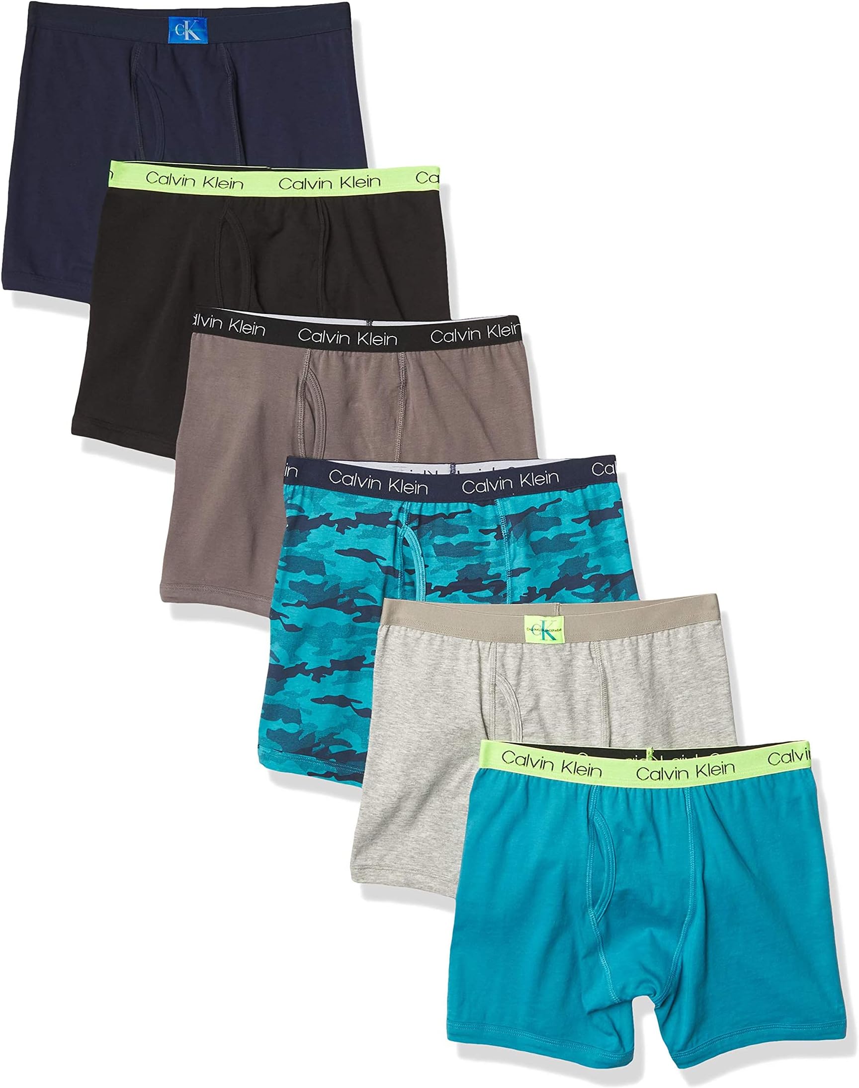 

Боксеры Calvin Klein Boys Underwear Cotton Boxer Briefs, 6 Pack, цвет Castlerock Grey/Moon Blue/Black Iris/Camo/Heather Grey/Black