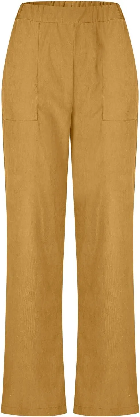 Женские брюки из вельвета Casual с эластичным поясом, прямые, высокие, из мягкого хлопка, с карманами Generic, желтый — фото 3