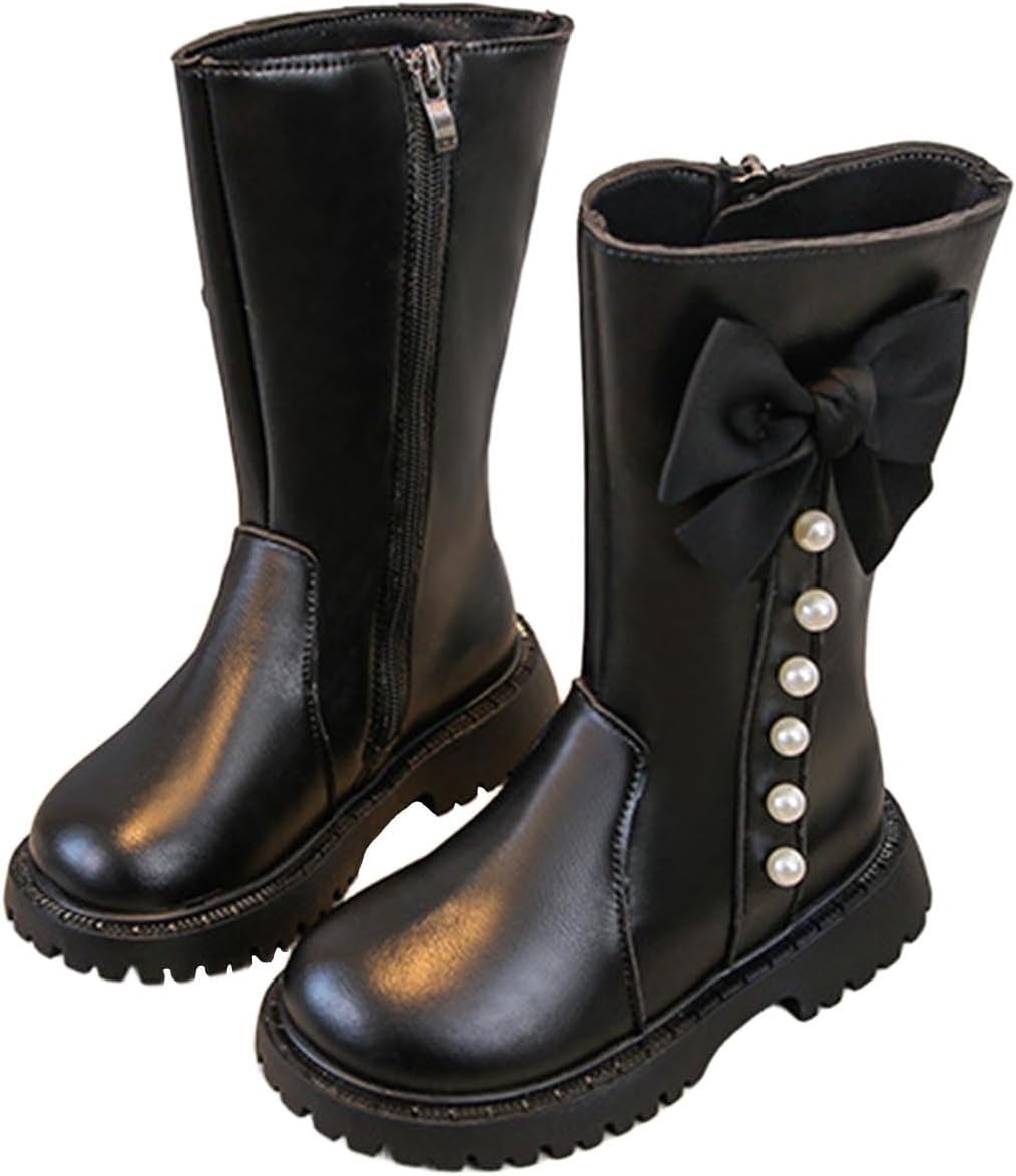 

Высокие сапоги до колена для девочек с боковой молнией, ездовые сапоги с рифленой подошвой, массивными каблуками, модные длинные ботильоны с бантом, зимняя обувь Generic, Black#01