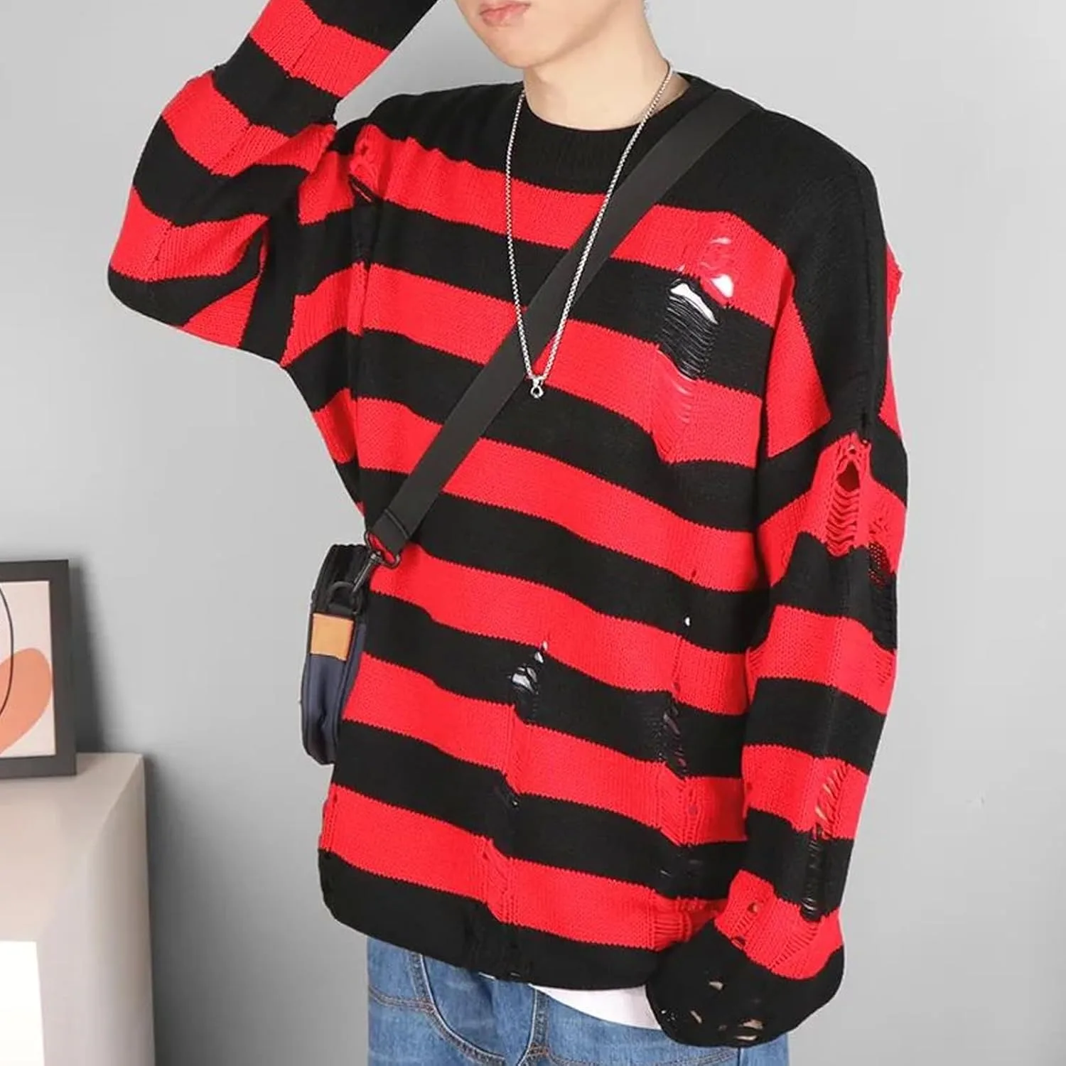 Полосатый свитер для мужчин Oversized Knit Pullover с прорезями — фото 2