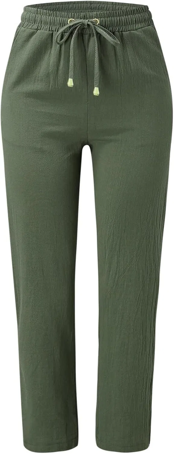 Generic Женские льняные брюки из хлопка и льна, с завязками, высокой талией, повседневные, летние, для пляжа и отдыха, мягкие, A54, Army Green — фото 3