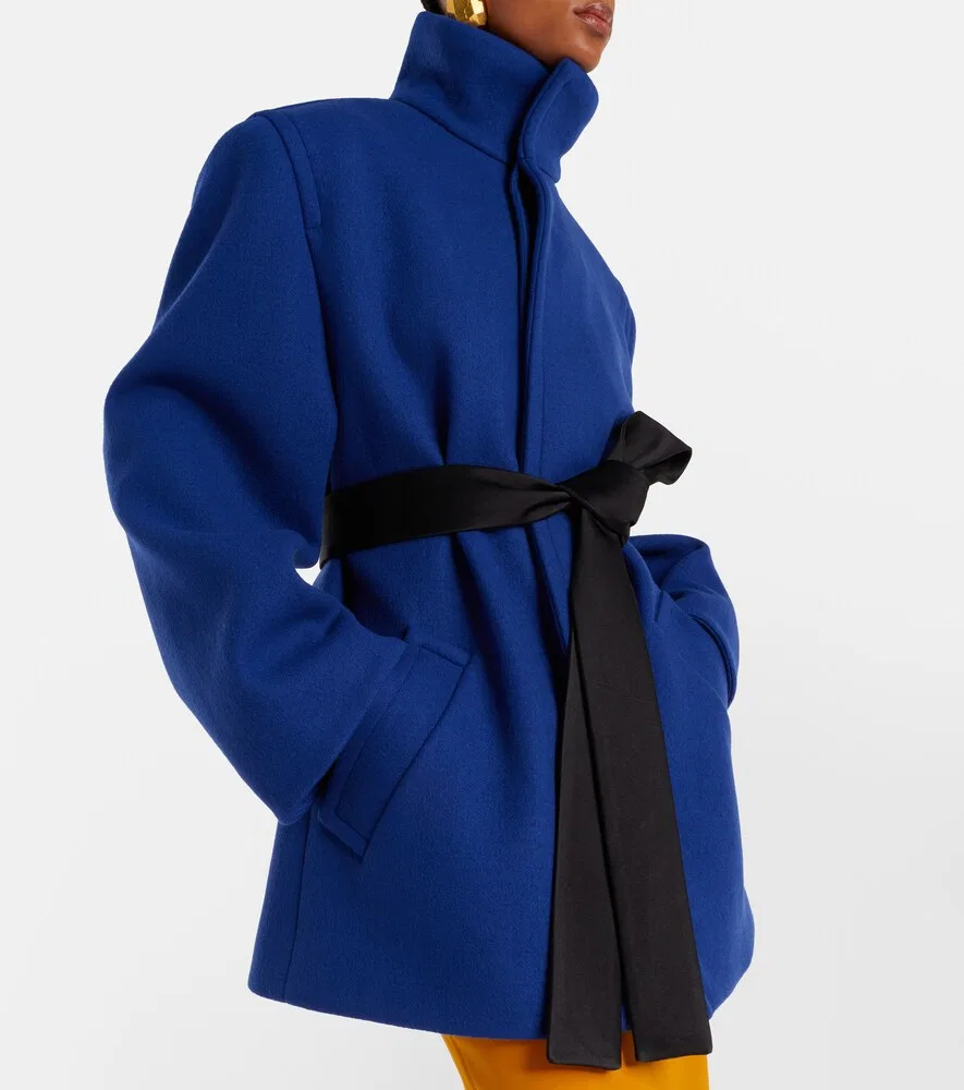 Шерстяное пальто с поясом и шелковой отделкой Saint Laurent, синий — фото 3