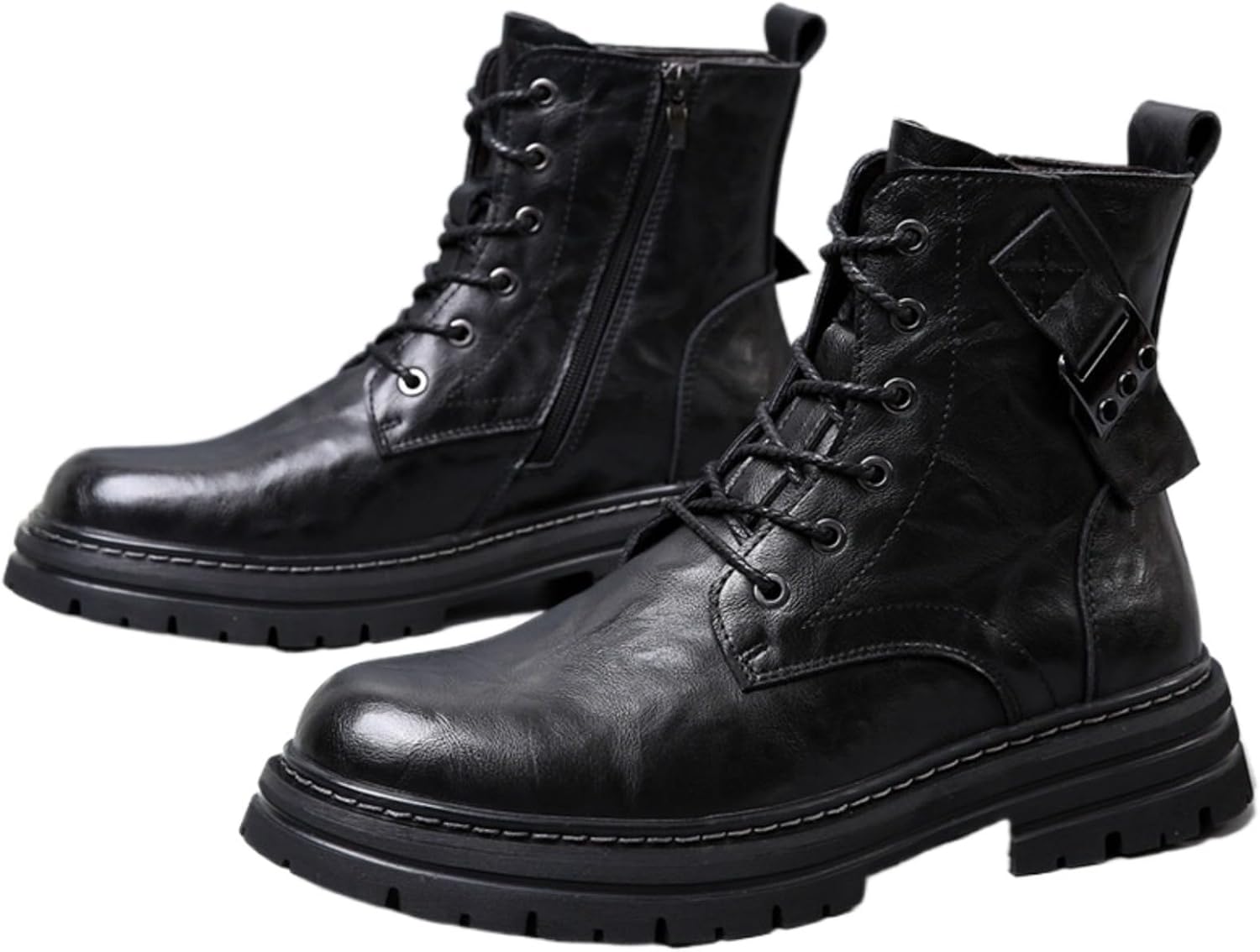 

Мужские байкерские ботинки Azttoztto из натуральной кожи, высокие ботинки с массивной подошвой, зимние теплые ботинки на шнуровке, ретро стиль, черный