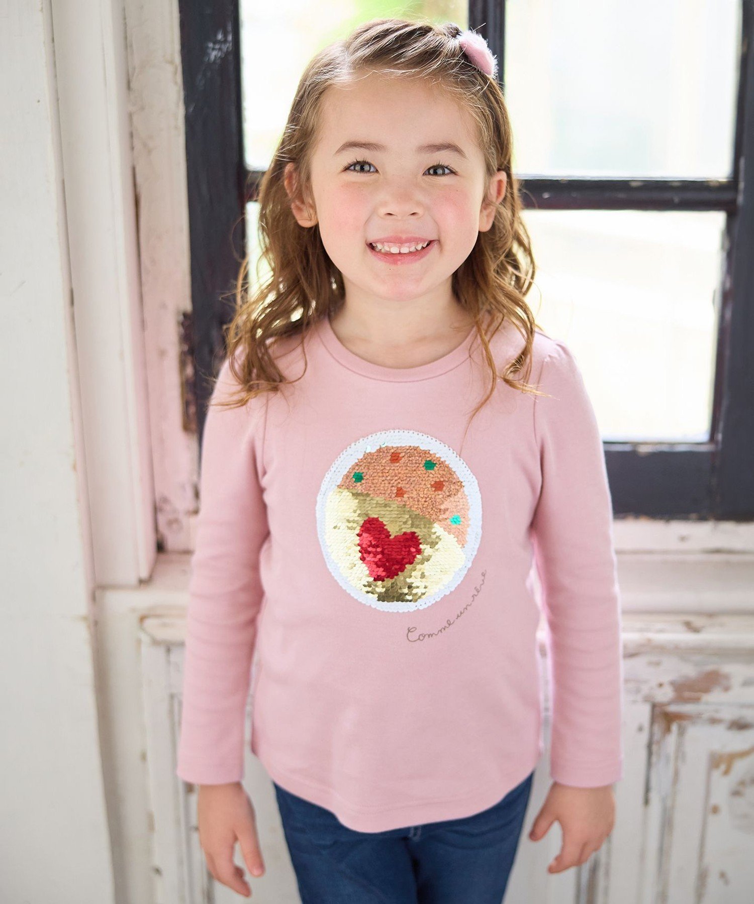 Футболка с длинными рукавами и пайетками Miracle Sequin ANY KIDS, Pink (Omurice x Bear) [012]