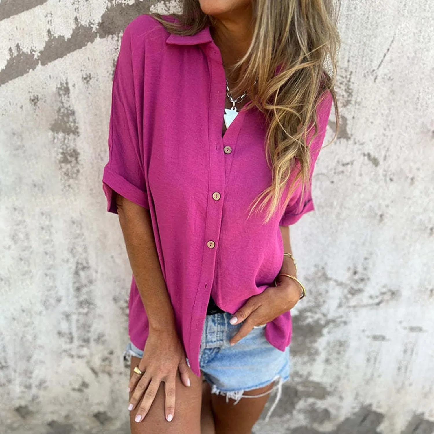 Блуза с пуговицами, свободный крой, Women's Spring/Summer Solid Button Down Half Sleeve Lapel Shirt, ярко-розовый — фото 4
