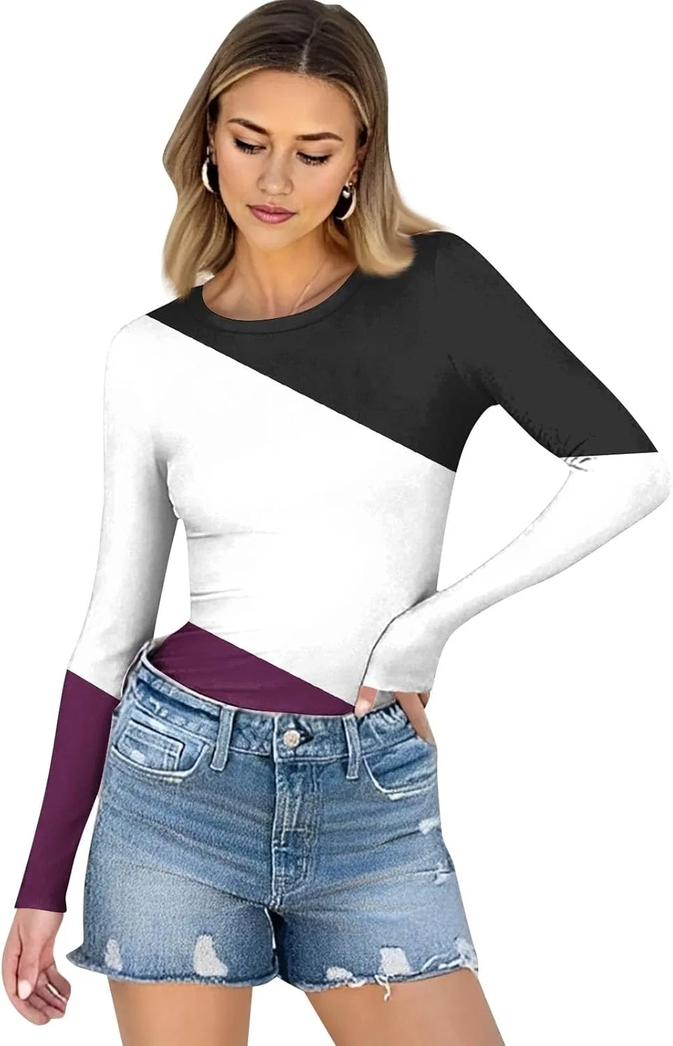 Женская футболка с длинным рукавом, полоска, Slim Fit, Generic, 4-purple — фото 2