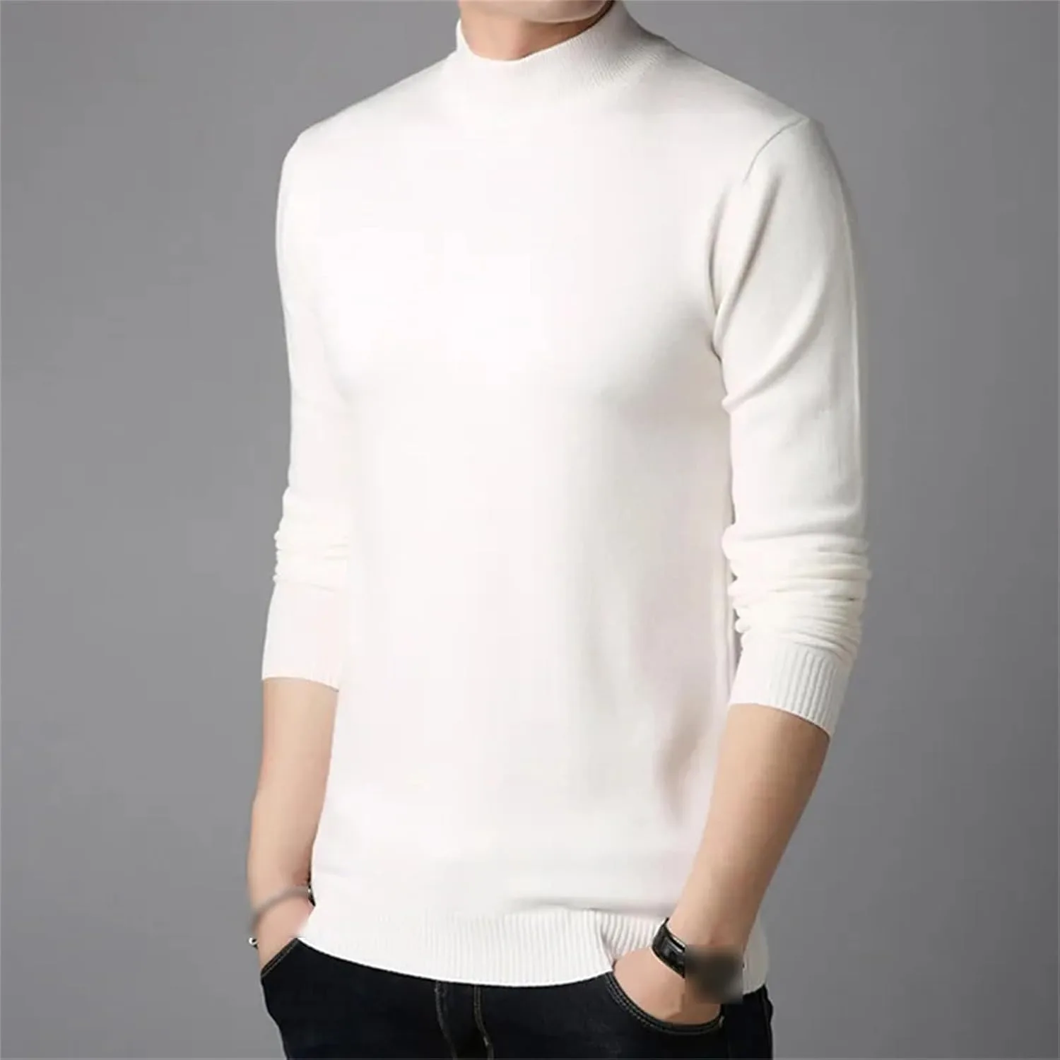 Мужской свитер из кашемира, полный рукав, однотонный, Plus Size — фото 2
