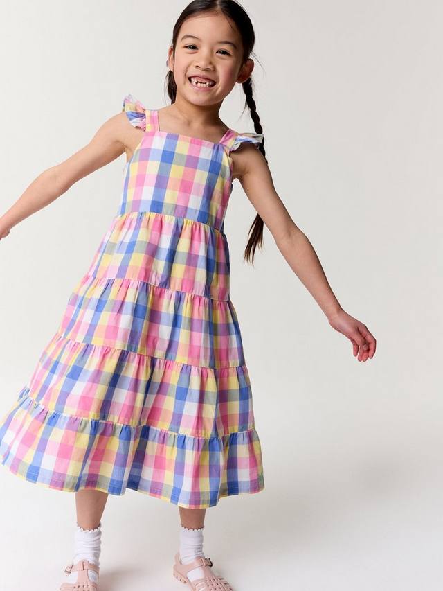 

Детское платье с рюшами на плечах и ярусами в клетку из хлопка Crew Clothing, Multi