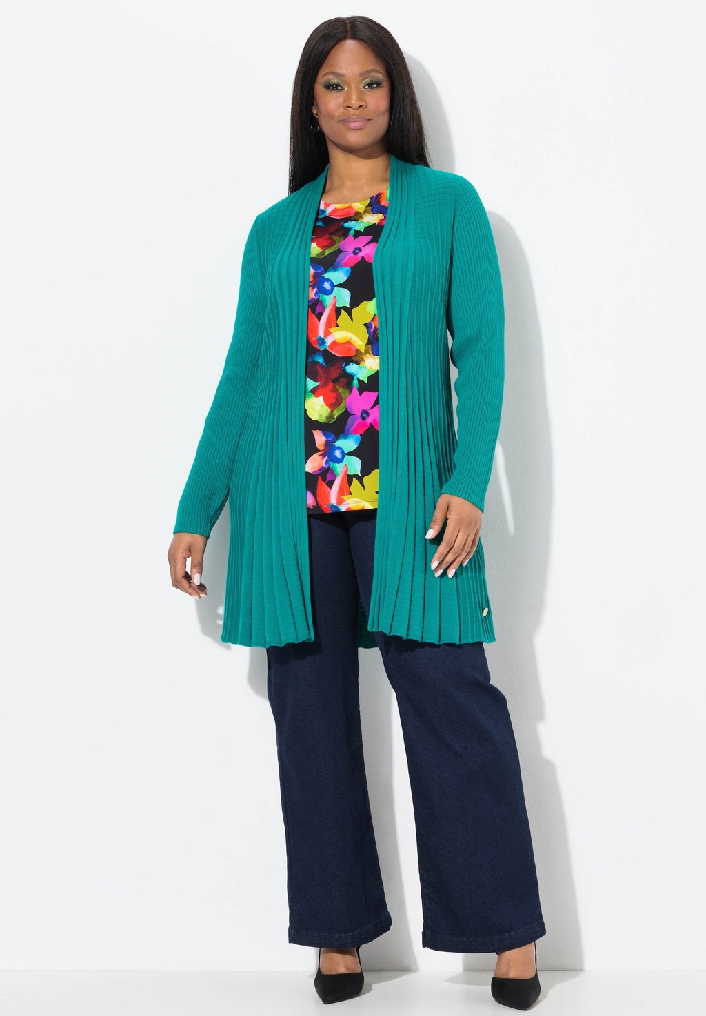 

Кардиган PLEATED LONGLINE OPEN SHAPE Ulla Popken, сине-зеленый