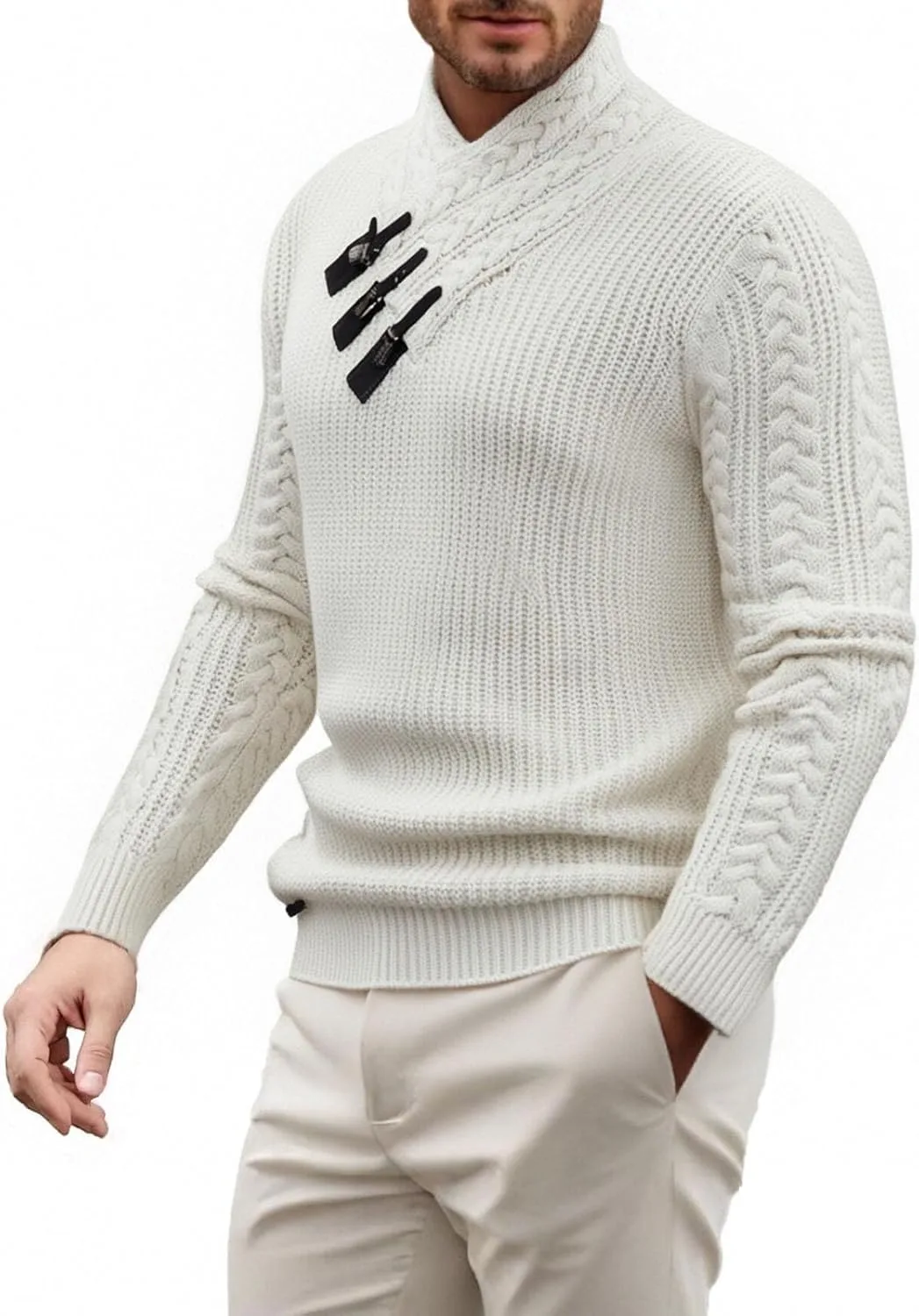 Вязаный пуловер для мужчин Slim Fit с длинным рукавом и шалькой — фото 2