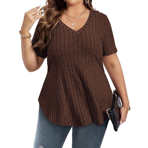 

Женская блузка plus size с v-образным вырезом, однотонная, легкая, с коротким рукавом Kojooin, Coffee