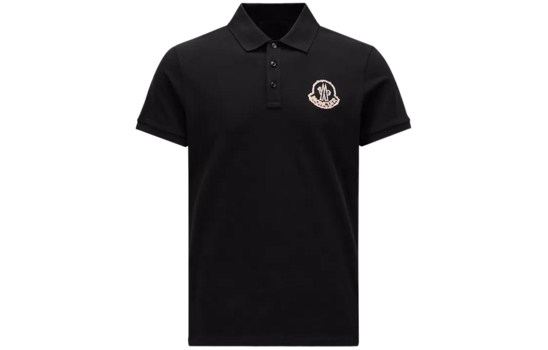 Футболка поло с вышитым логотипом и ребристым воротником Moncler, черная — фото 2