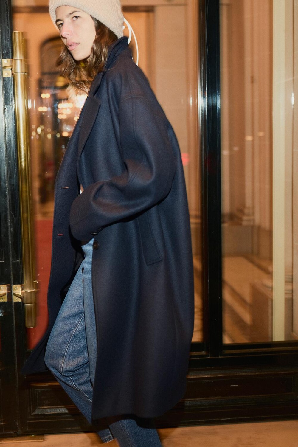 

Пальто оверсайз с шерстью ZARA, темно-синий