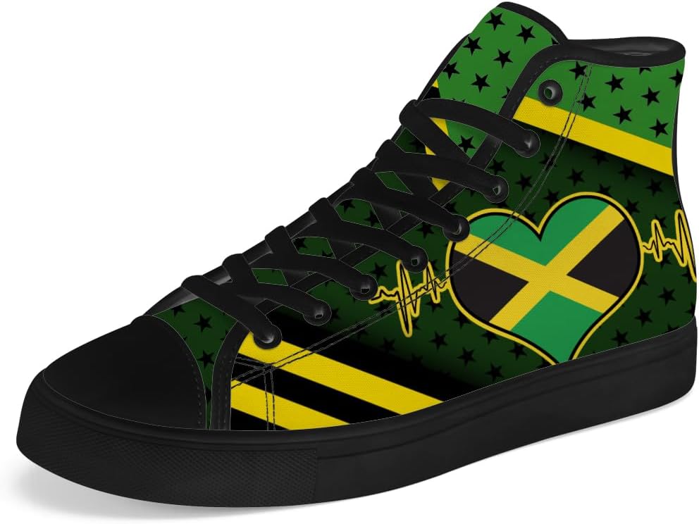 

Мужские женские кроссовки Chebing Jamaica High Top Canvas Кроссовки с флагом Ямайский флаг Шнуровка Повседневная обувь, черный