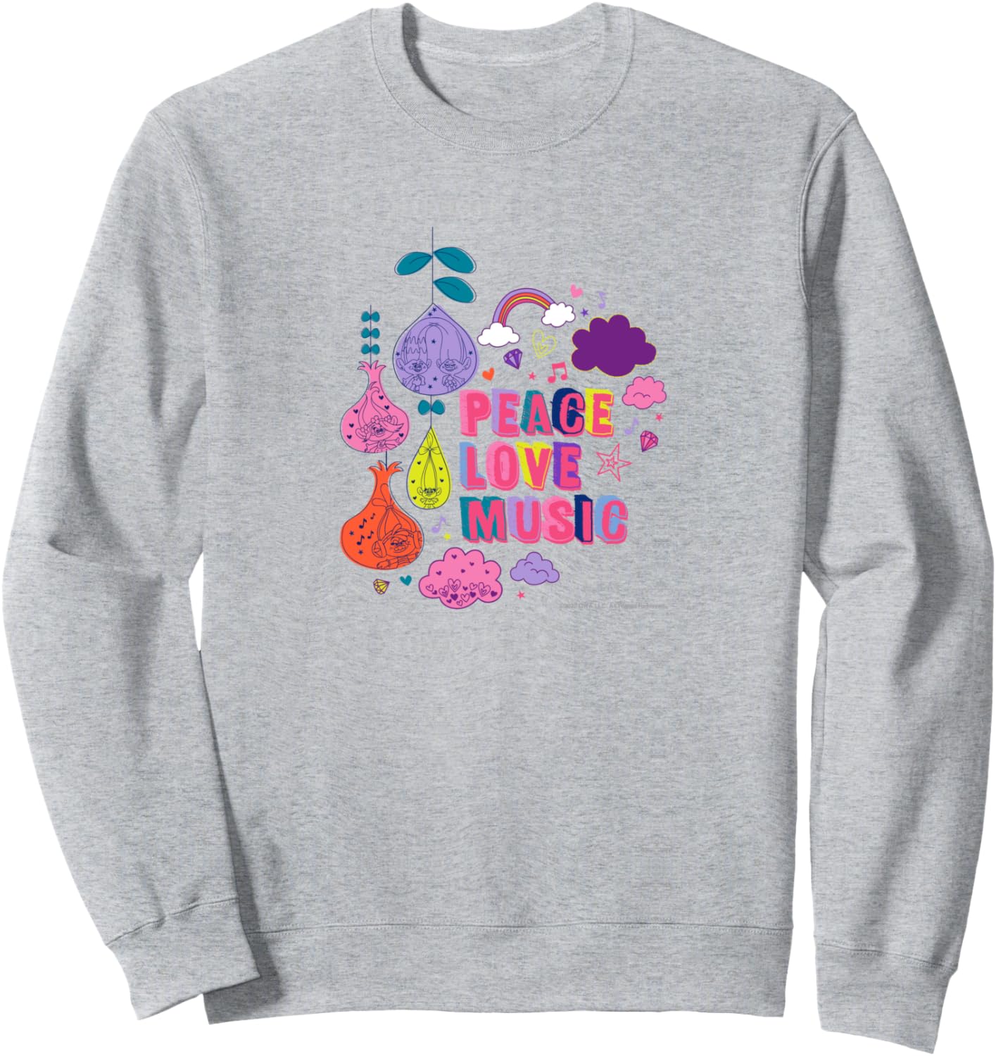 

Толстовка с надписью МИР ЛЮБОВЬ МУЗЫКА из мультфильма Тролли Trolls, серый