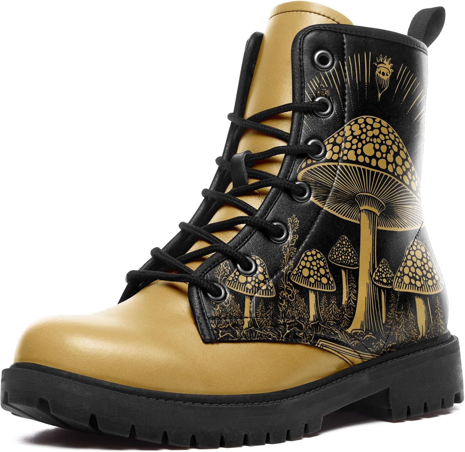 

Женские кожаные боевые ботинки средней длины с шнуровкой, с художественными узорами грибов и цветов для походов и повседневной носки Awsole, черный