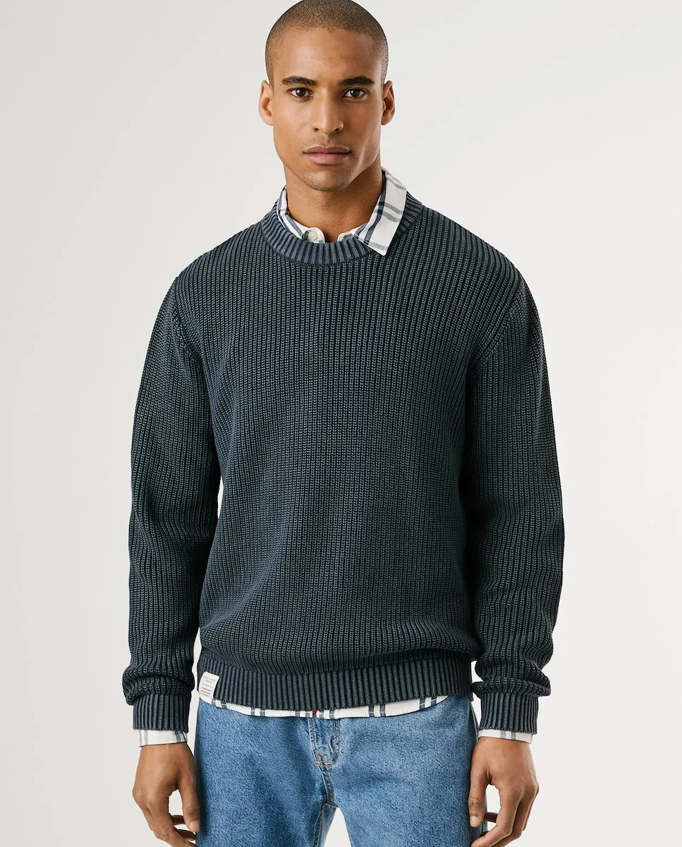 

Мужской джемпер с круглым вырезом, окрашенный после пошива Pepe Jeans, темно-синий