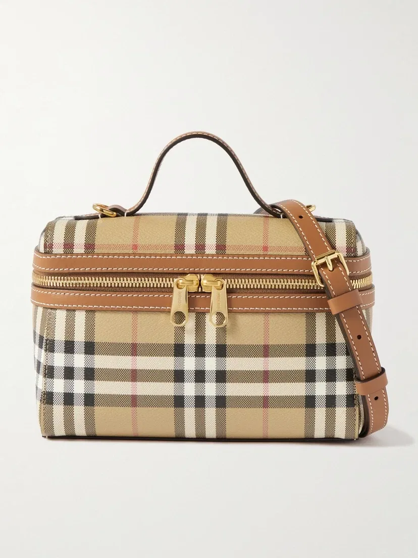 Косметичка-кейс в клетку с кожаной отделкой BURBERRY, коричневый