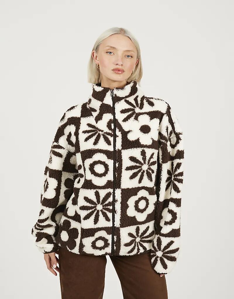 

Толстовка Brave Soul Graphic с цветочным принтом на молнии из шерпа-флиса шоколадного цвета