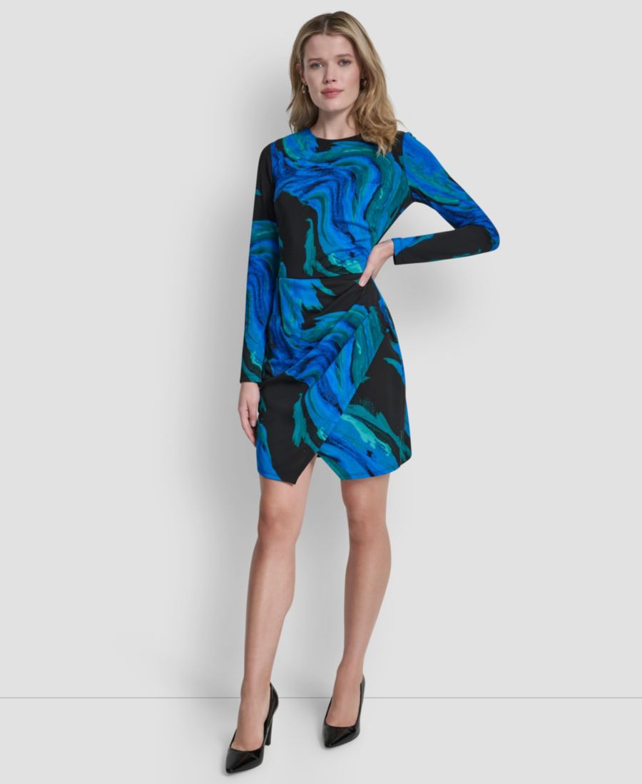 

Женское платье с длинными рукавами, круглым вырезом и присборенной юбкой DKNY, Black Multi