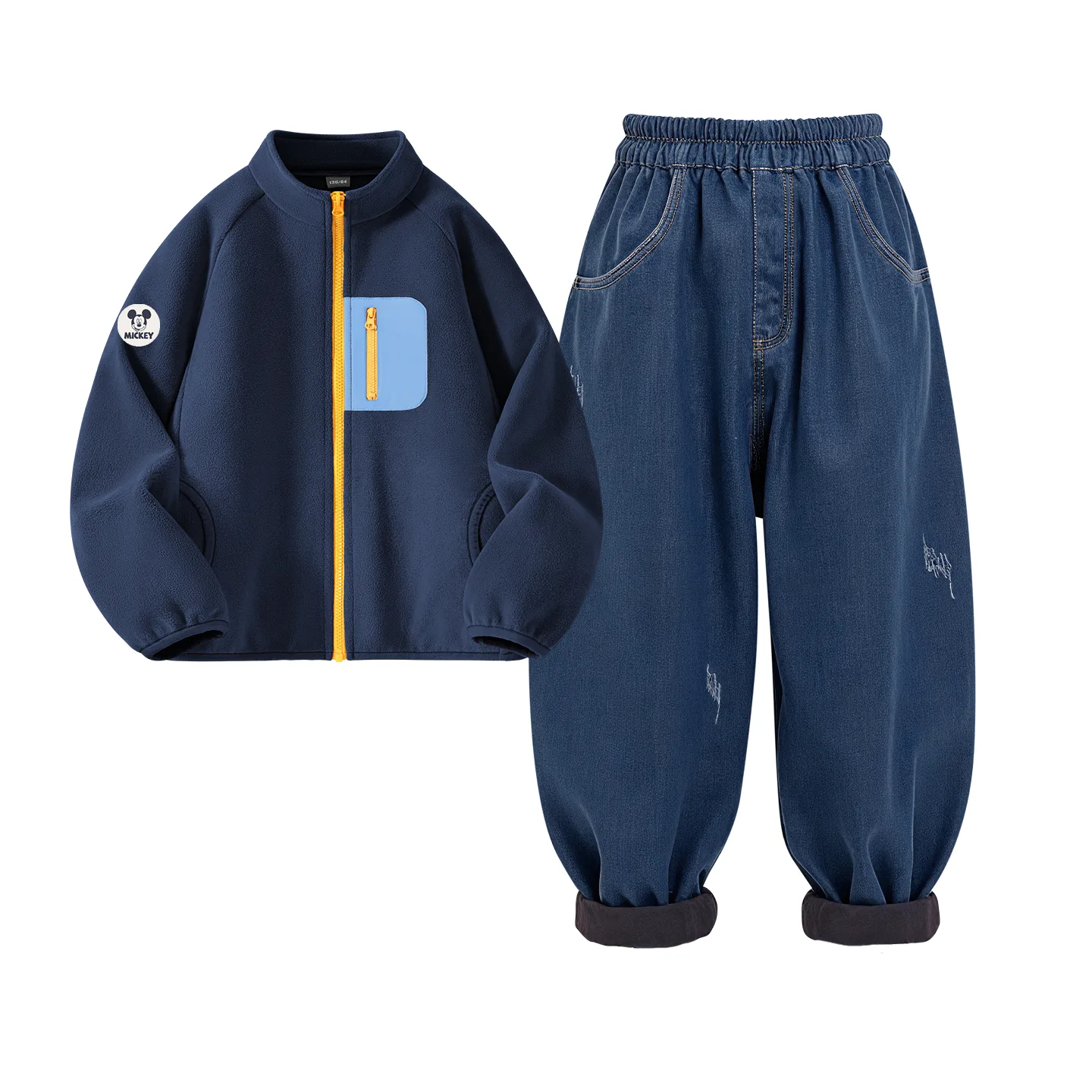 Детская спортивная одежда с воротником стойкой на флисе Disney, [Thickened and Fleece-Lined]Didi Medium Round Hook-and-Loop K Light Milk White+Solid Color Denim Blue — фото 3