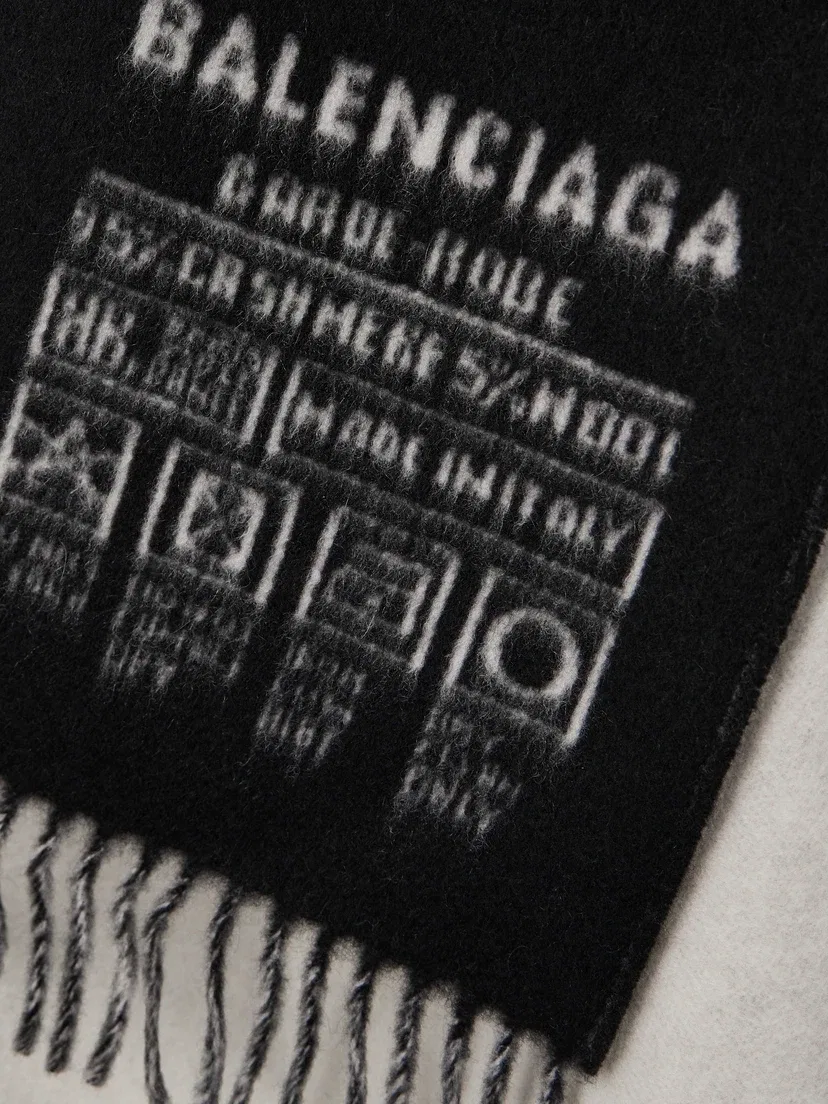 Двухцветный кашемировый и шерстяной жаккардовый шарф с бахромой BALENCIAGA, черный — фото 3