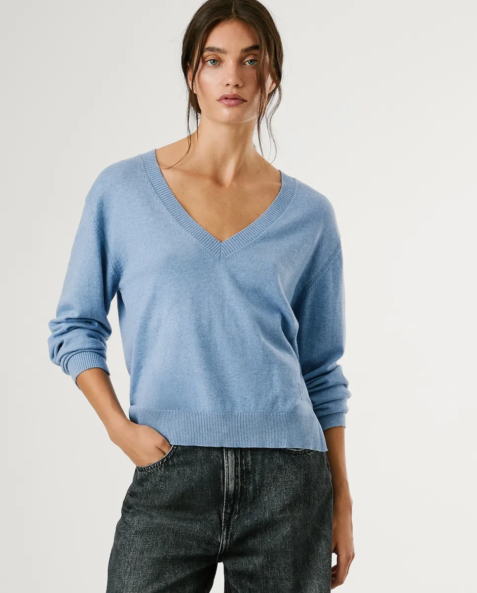 

Женский джемпер с V-образным вырезом и вышитым логотипом Pepe Jeans, светло-голубой