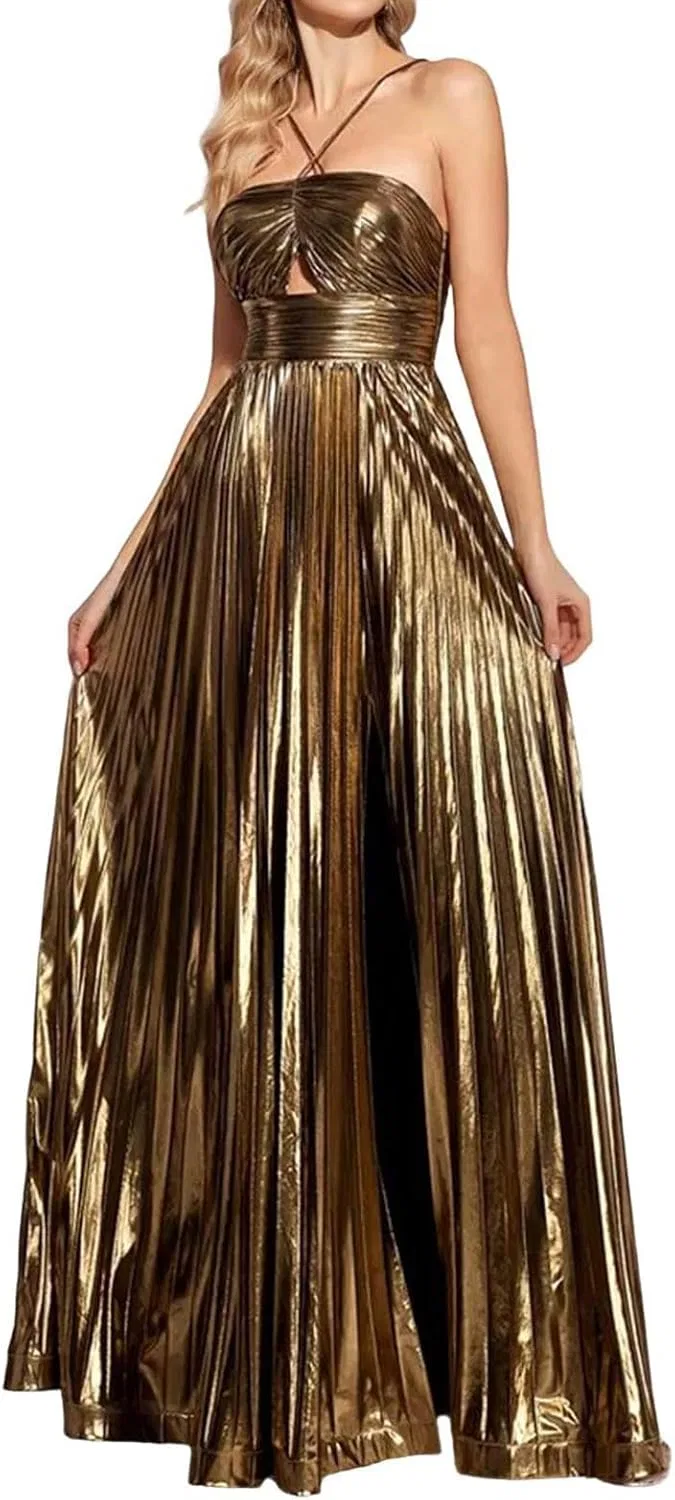Блестящие металлические вечерние платья для женщин на бретельках, с воротником-халтером, с высокой талией и складками, вечерние платья макси