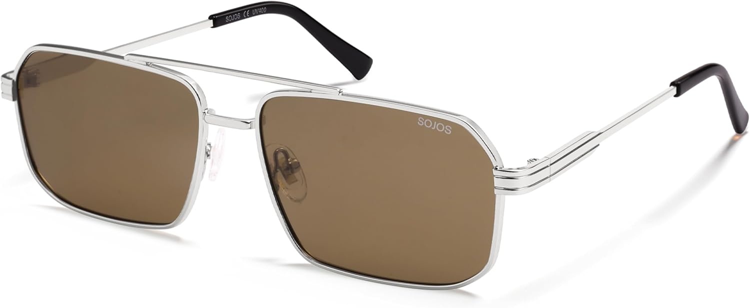 

Солнцезащитные очки SOJOS Retro Polarized Square для женщин и мужчин, винтажные, с большой двойной перемычкой, защитой от УФ-излучения, металлическими линзами, модель SJ1246, Silver/Retro Brown