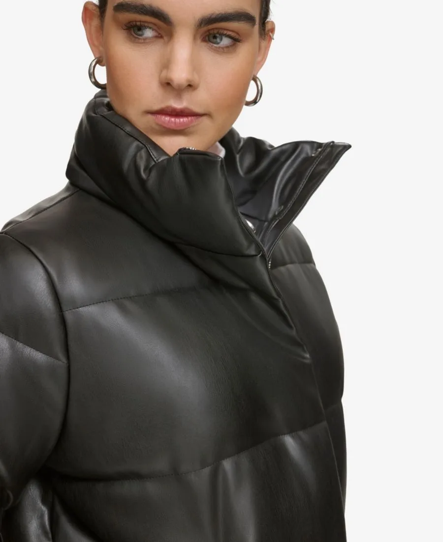 Женская короткая пуховая куртка из искусственной кожи Calvin Klein, черный — фото 4