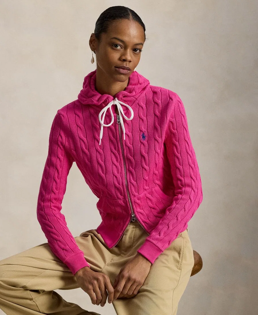 Женская хлопковая толстовка крупной вязки на молнии Polo Ralph Lauren, Accent Pink — фото 4