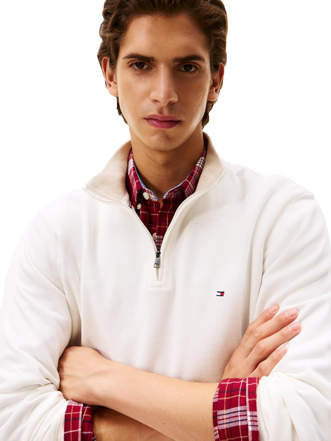 Мужская толстовка Tommy Hilfiger средней плотности с рубчатой отделкой и молнией 1/4, Ecru — фото 2