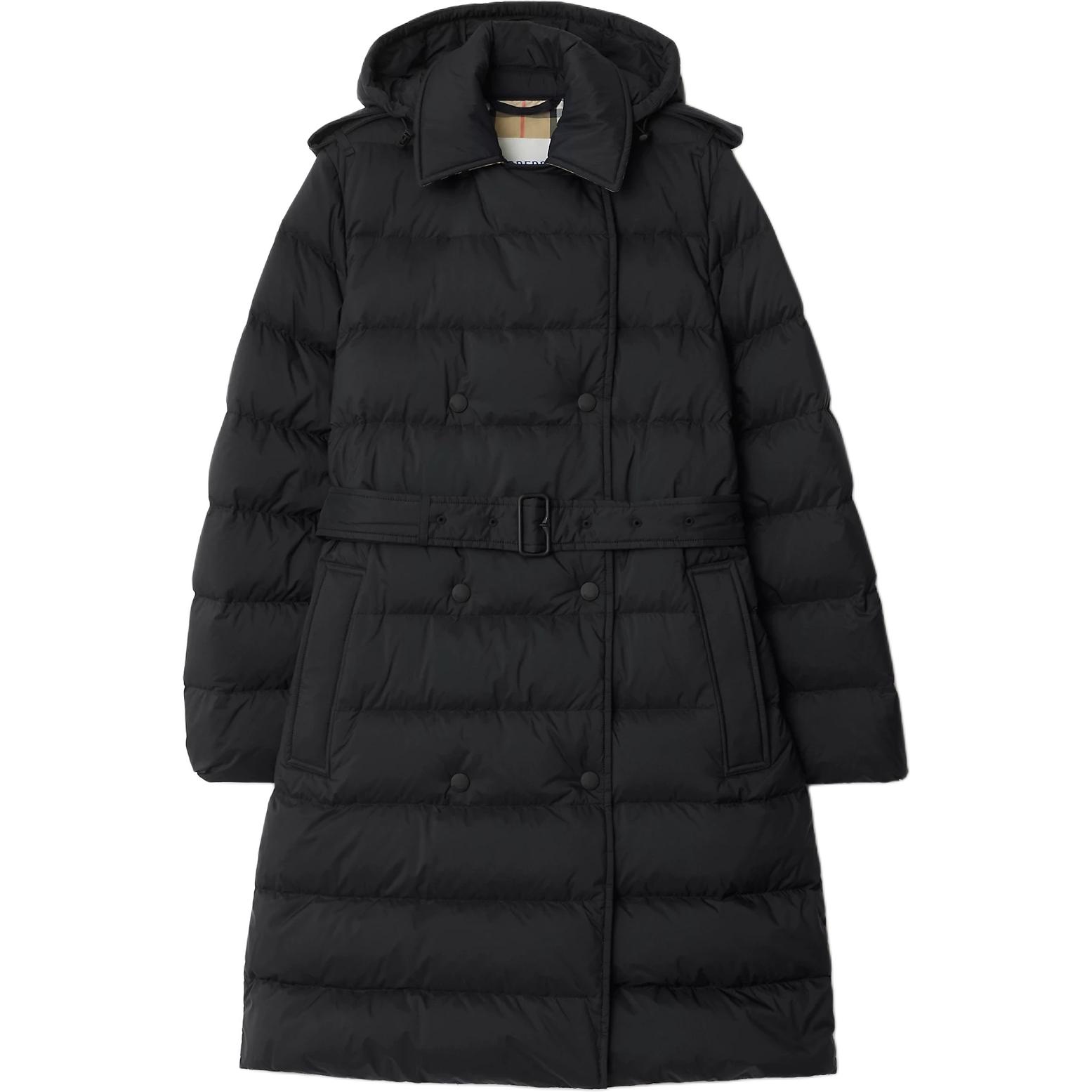 

Двубортное пальто с поясом и капюшоном Burberry, черный