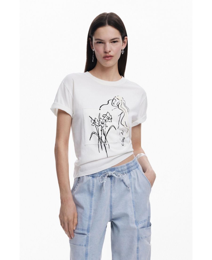 

Женская футболка с цветочным принтом, женственный силуэт Desigual, White, Белый, Женская футболка с цветочным принтом, женственный силуэт Desigual, White